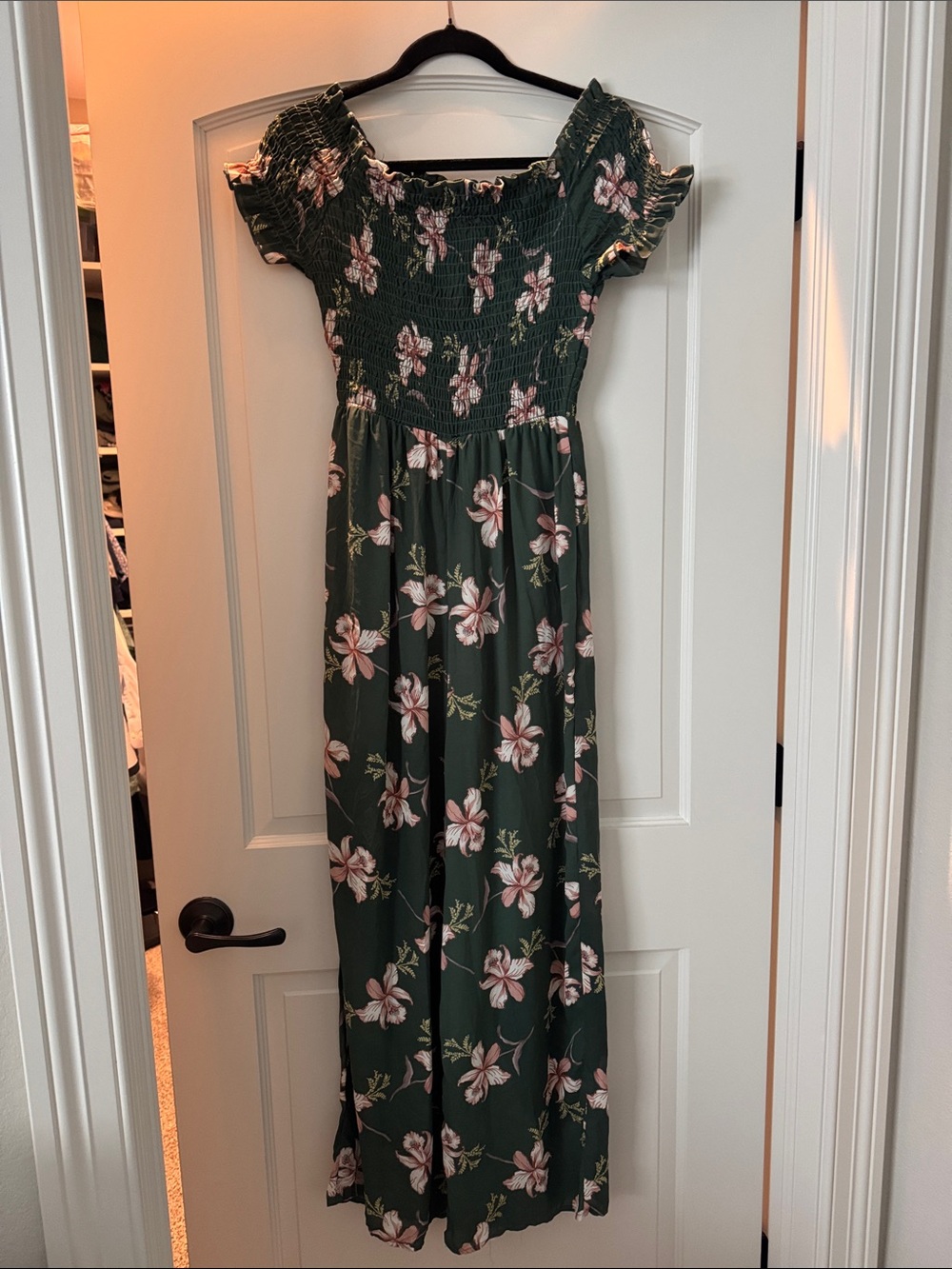Sienna Sky Dark Green Floral Smocked Casual Jumpsuit  with Peach Blooms